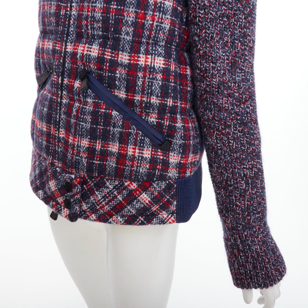 MONCLER GRENOBLE Runway Soleil red blue tweed fur collar down puffer Sz.0 XS