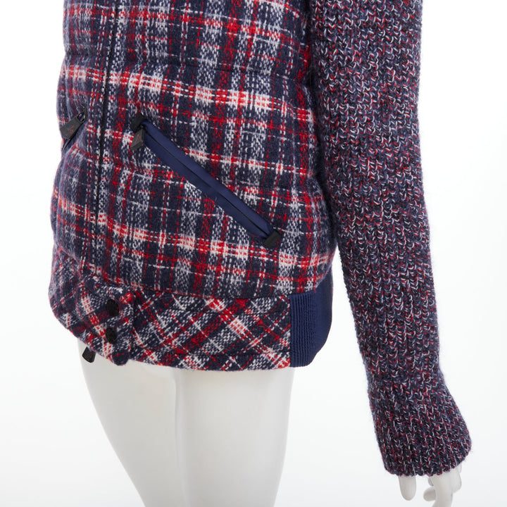 MONCLER GRENOBLE Runway Soleil red blue tweed fur collar down puffer Sz.0 XS