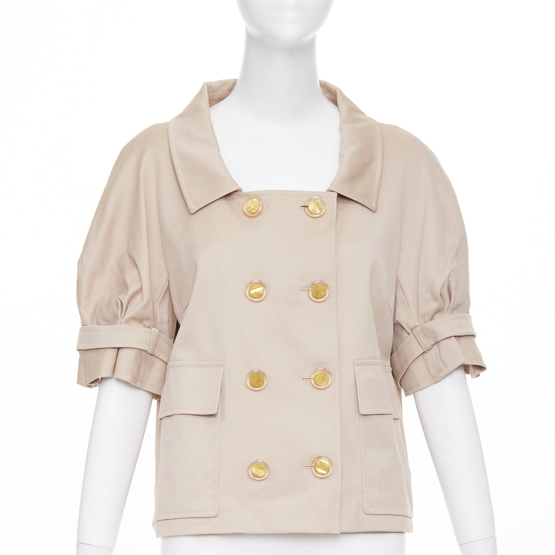 ESCADA khaki tan virgin wool gold button double breasted cropped jacket IT42 M