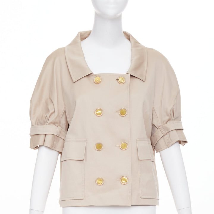 ESCADA khaki tan virgin wool gold button double breasted cropped jacket IT42 M