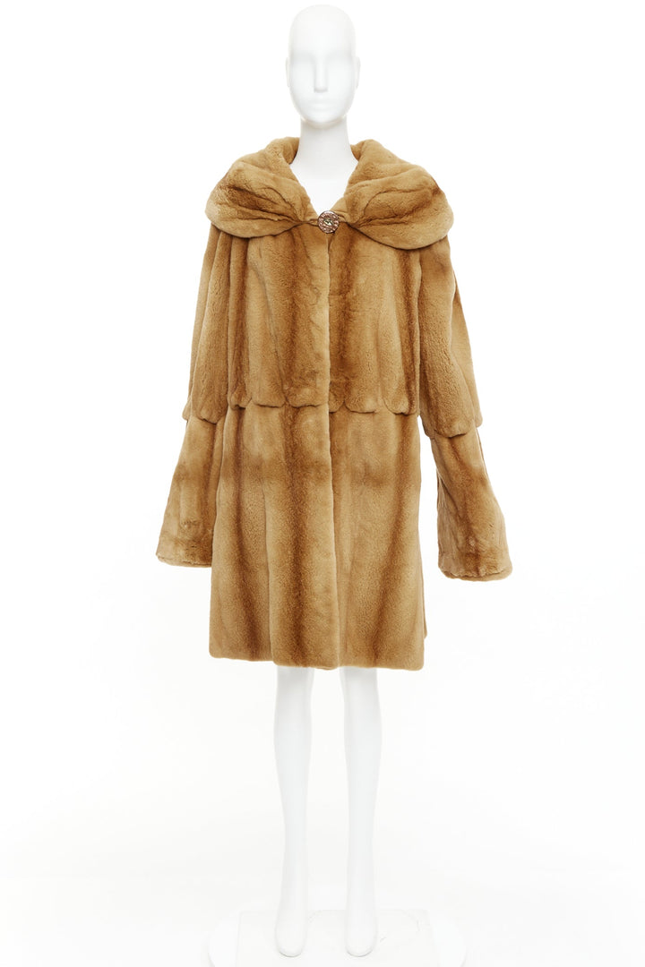 NO BRAND tan brown fur rounded shawl collar statement button long coat