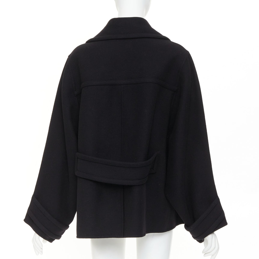 VALENTINO 2021 black wool blend boxy V logo double breasted coat IT40 S