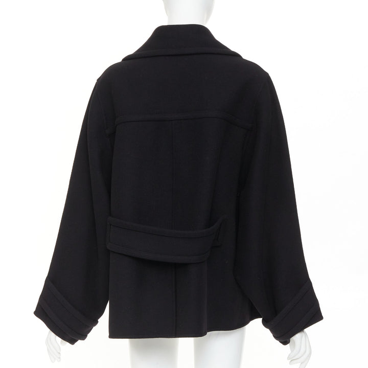 VALENTINO 2021 black wool blend boxy V logo double breasted coat IT40 S