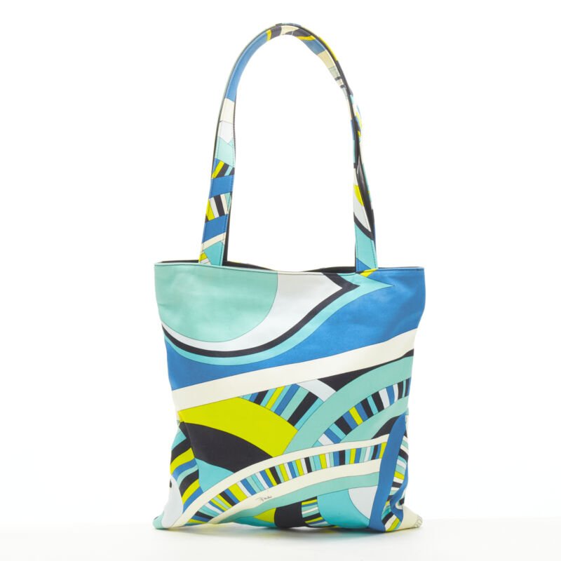 EMILIO PUCCI Onde Nuages print blue yellow leather trim handle tote bag