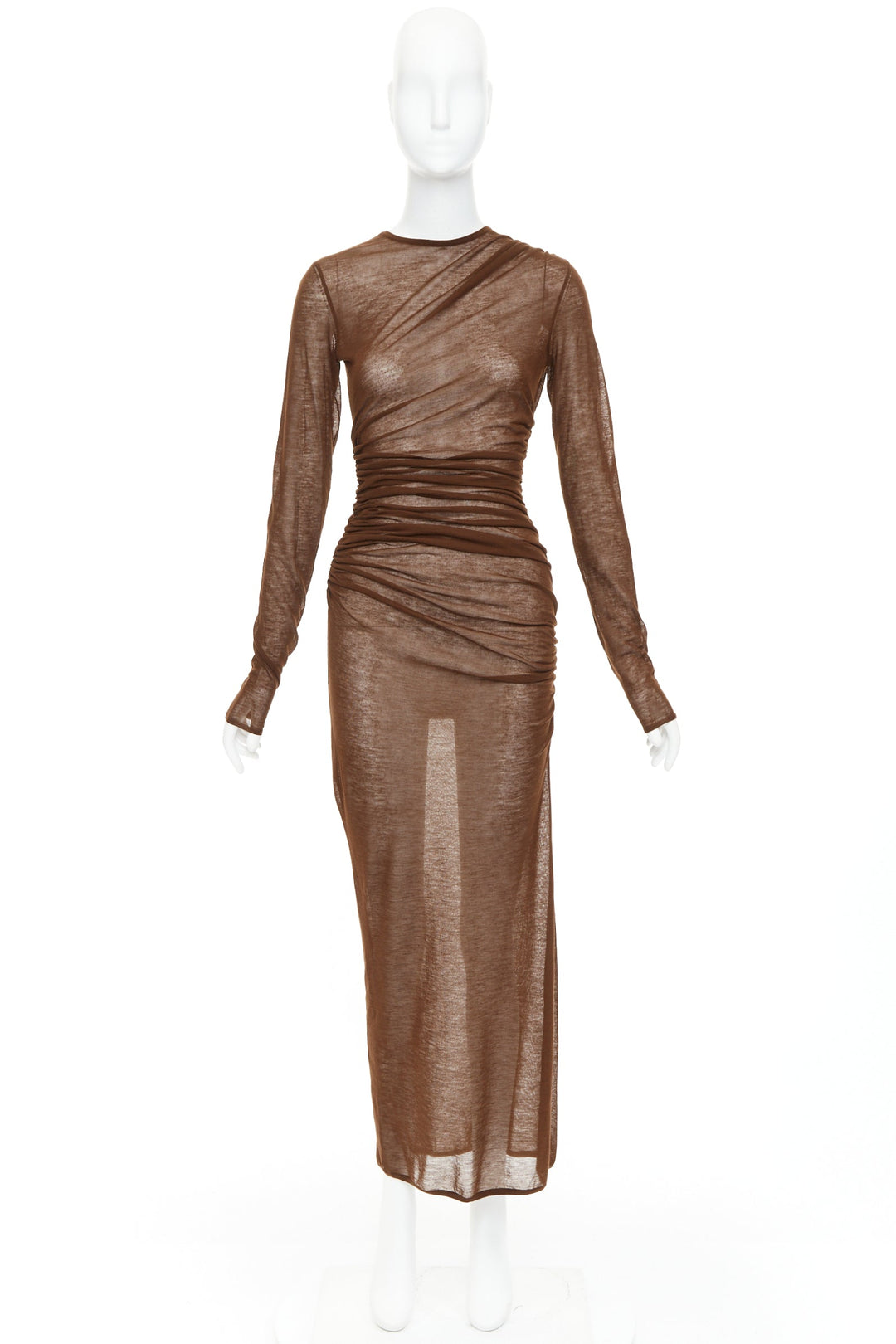 SAINT LAURENT 2023 marron brown sheer wool blend knit side ruched midi dress S