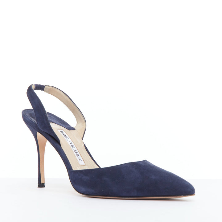 MANOLO BLAHNIK navy suede leather slingback stiletto heels EU39