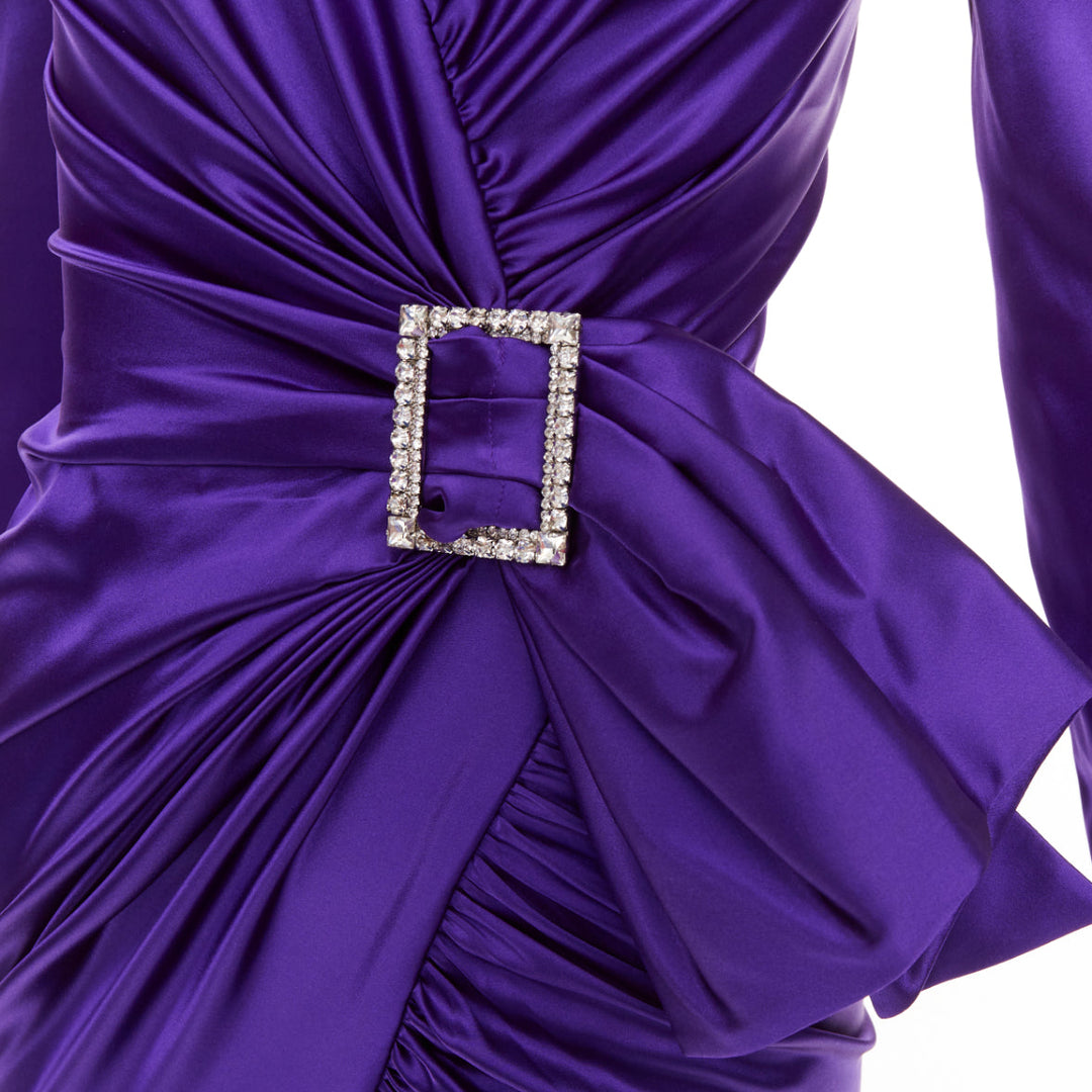ALEXANDRE VAUTHIER crystal buckle draped purple silk satin mini dress FR34 XS