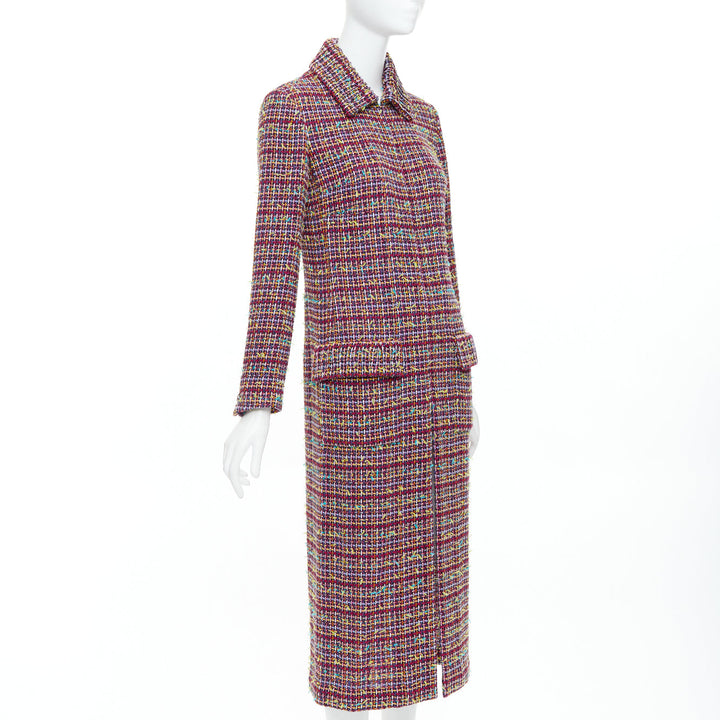 CHANEL 2023 Runway pink yellow multicolor tweed  CC button long coat FR36 S