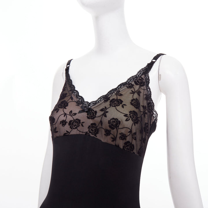 BEBE Vintage floral lace overlay satin sheer panel lingerie midi slip dress S