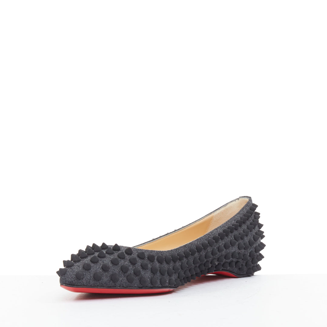 CHRISTIAN LOUBOUTIN Pigalle Spikes Flat grey flannel studded ballerina EU37.5