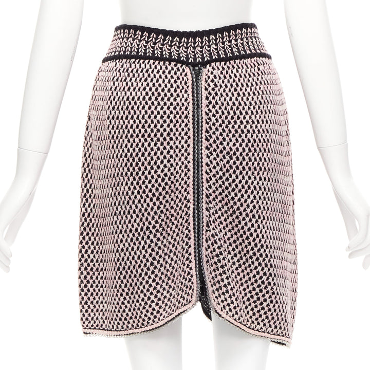 CHANEL black pink silk cotton blend tweed knit rubber braid trim skirt FR36 S