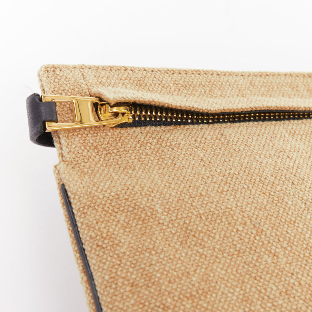 LOEWE T Pouch beige linen canvas gold anagram dark zip slot clutch bag