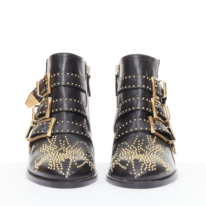 CHLOE Susanna black leather gold floral studded buckles grunge ankle boots EU36