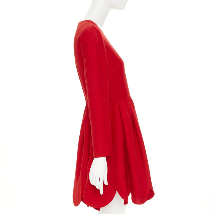 VALENTINO red silk wool crepe scalloped skirt detail flared dress IT40 S