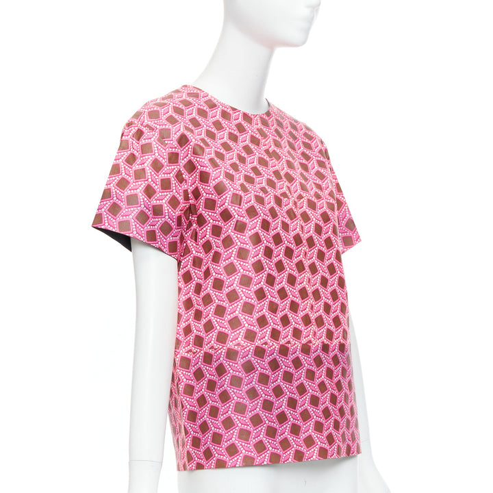 rare LOUIS VUITTON leather pink enlarged lattice lace print boxy top FR36 S