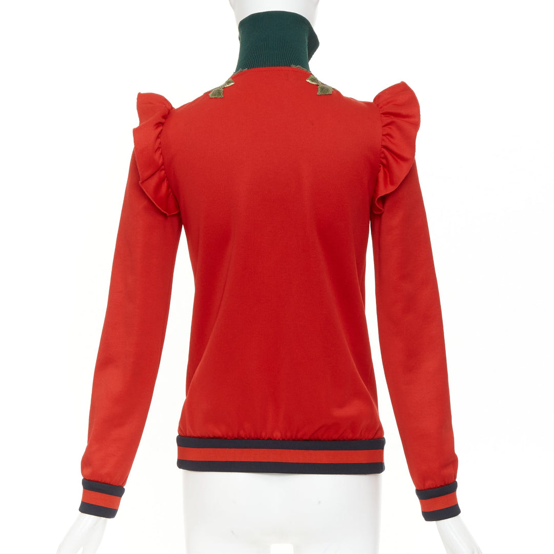 GUCCI 2017 red pink flower embroidery applique web ruffle zip track jacket XS