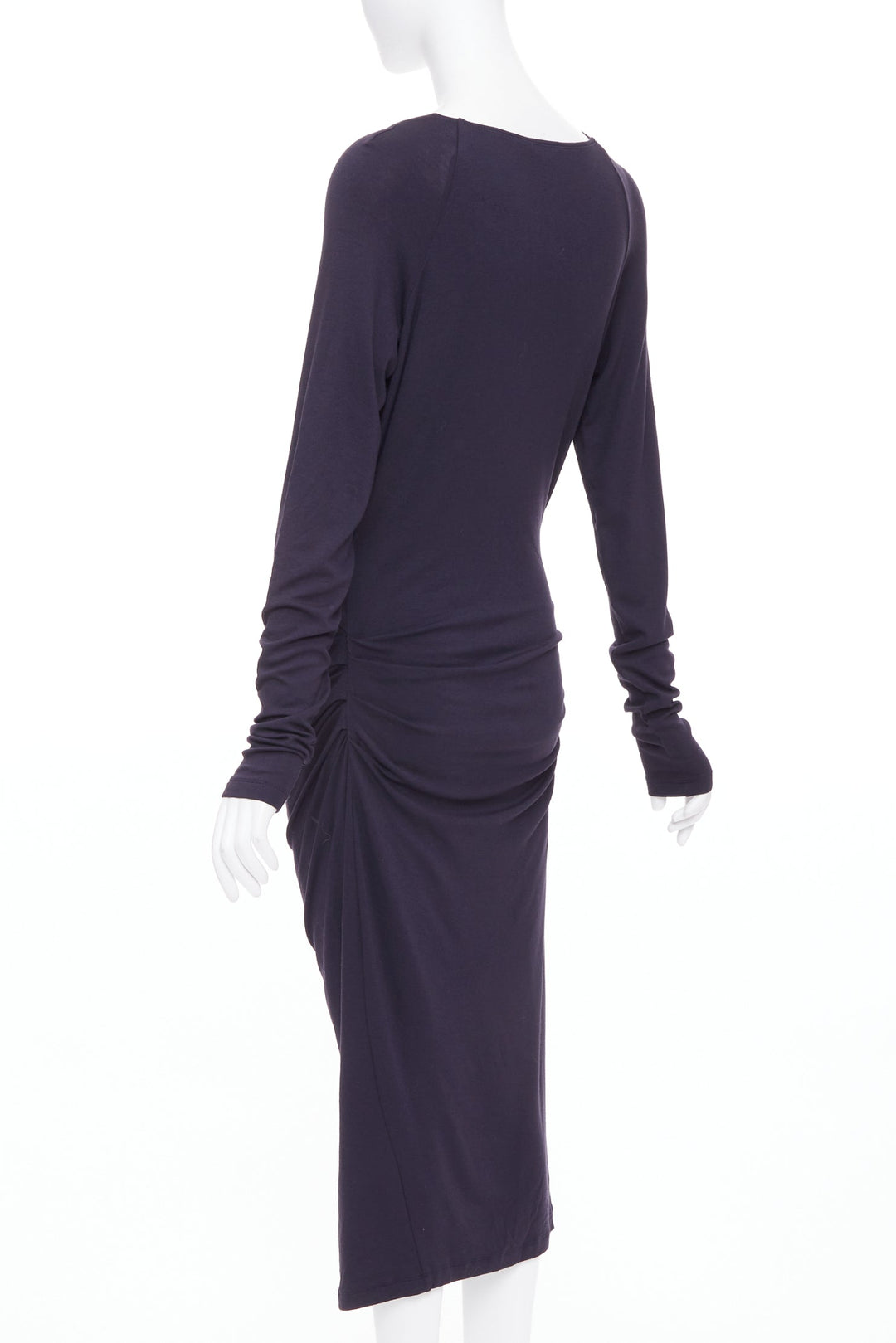 DONNA KARAN charcoal grey cold shoulder plunge V neck long sleeve dress L