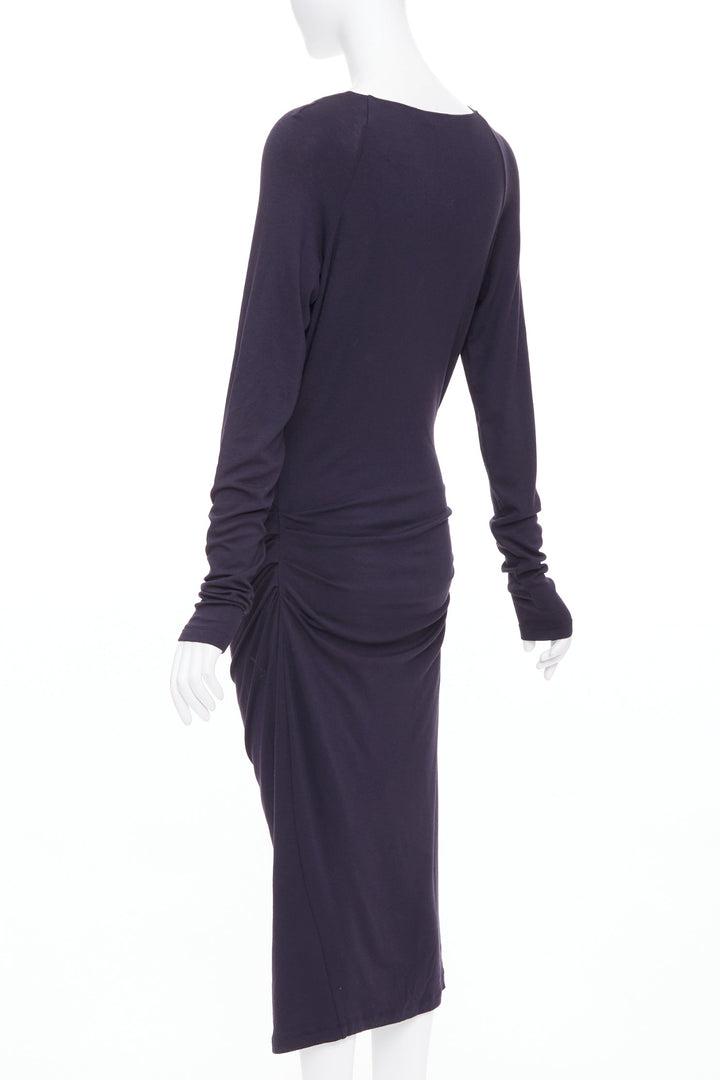 DONNA KARAN charcoal grey cold shoulder plunge V neck long sleeve dress L