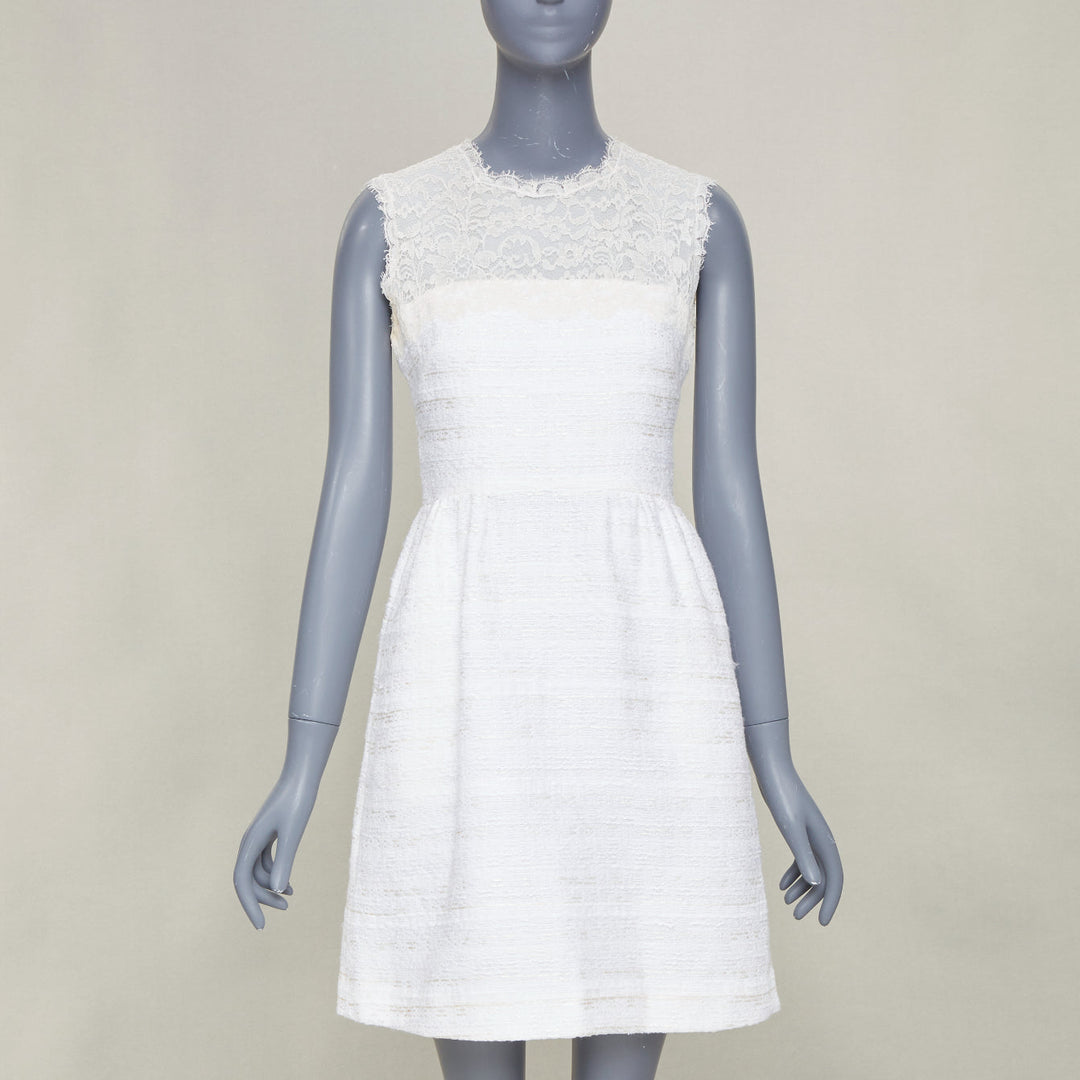 VALENTINO 2018 Bridal white sheer lace yoke tweed mixed mini dress IT40 S