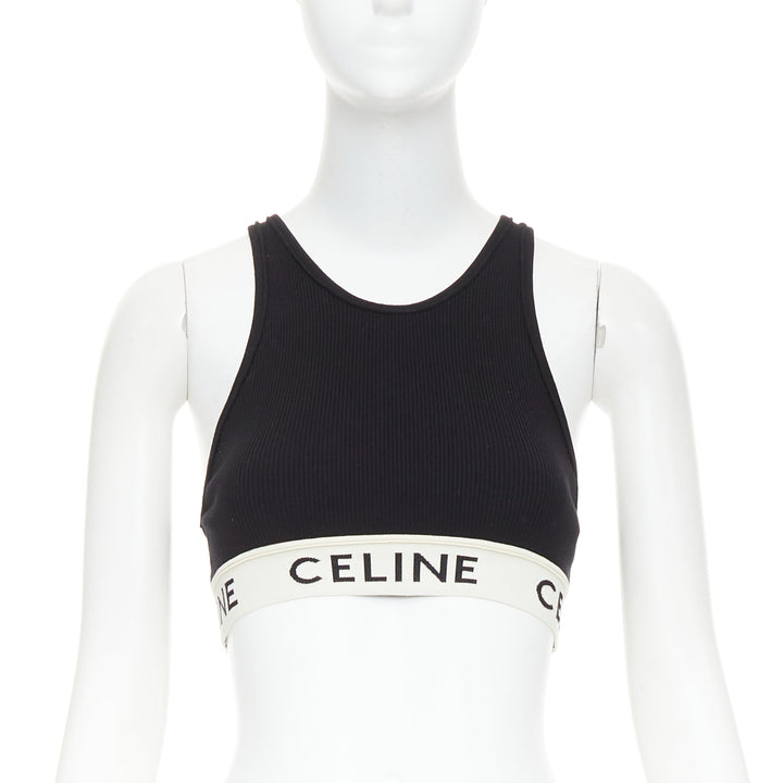 CELINE black cotton blend cream ribbed logo round neck bra top  Lisa Blackpink