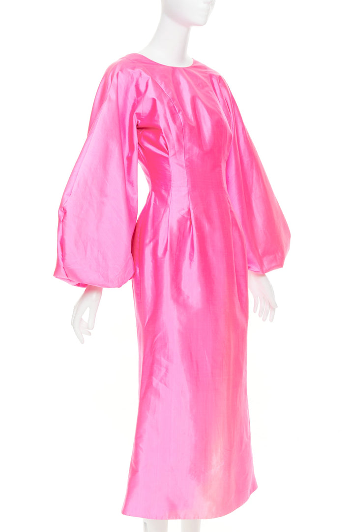 ROSARIO hot pink 100% silk shiny puff sleeves cinched waist midi dress FR36 S