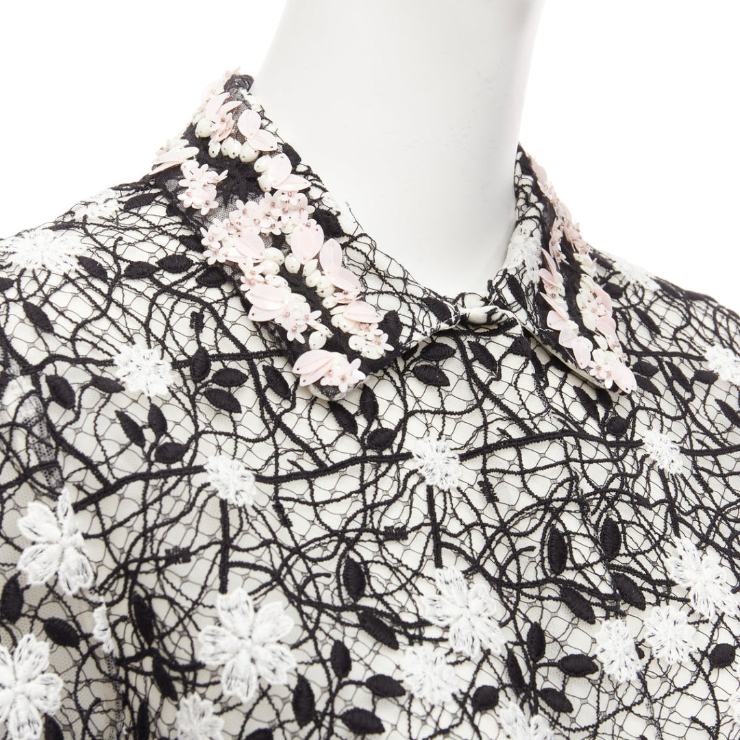 GIAMBATTISTA VALLI black cotton blend lace pink applique cropped shirt IT38 XS