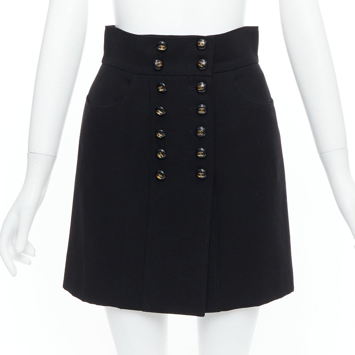 CHANEL 95C black  wool silk lined gold CC logo buttons skirt FR38 M