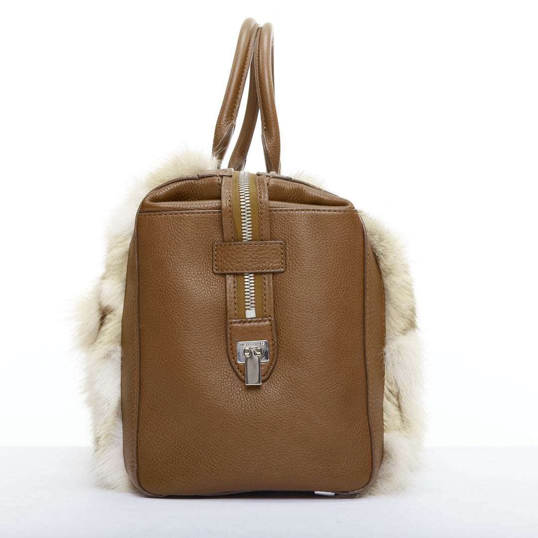 MICHAEL KORS COLLECTION brown leather cream coyote fur duffel tote bag