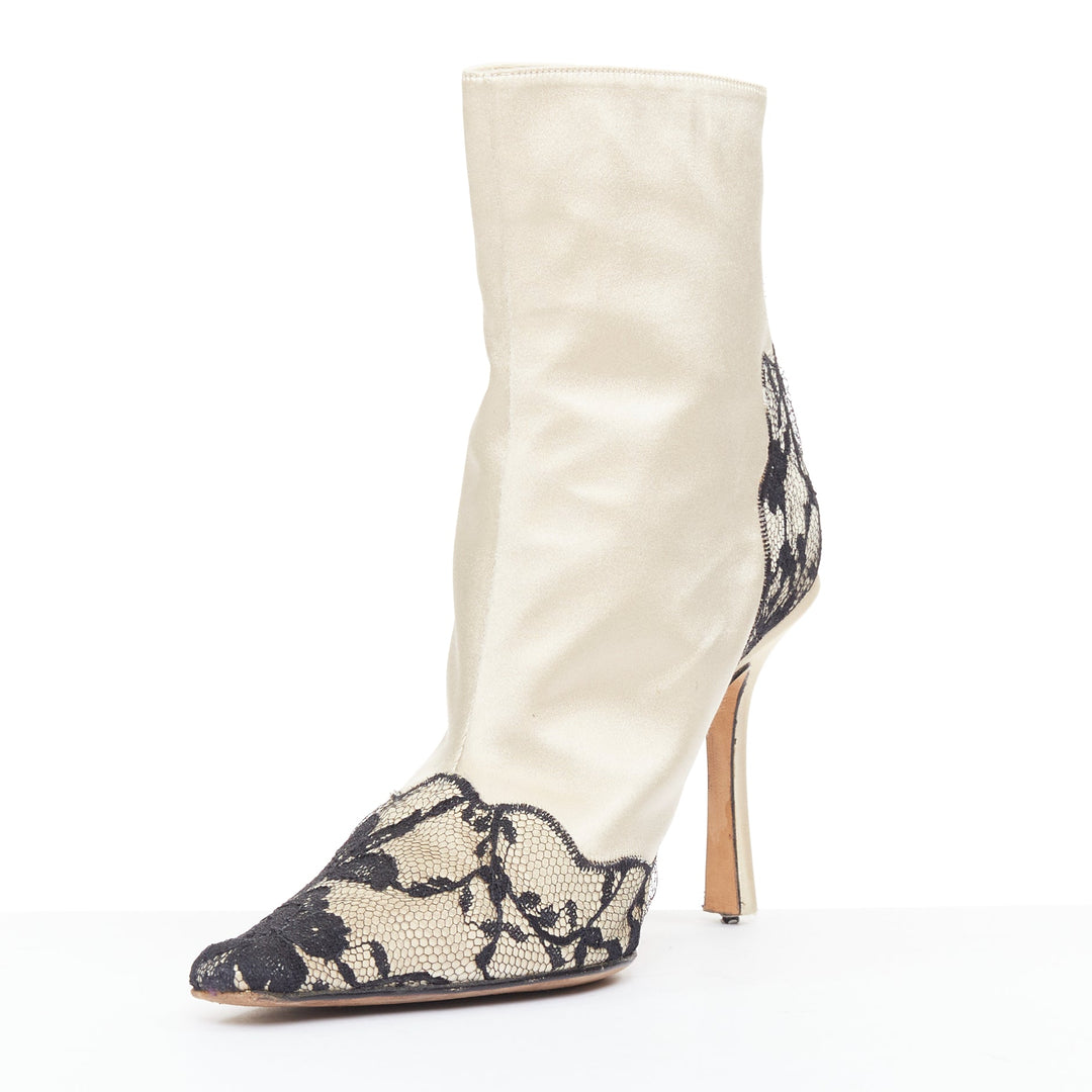 JIMMY CHOO Bridal beige satin black lace trim point toes heel ankle booties EU37