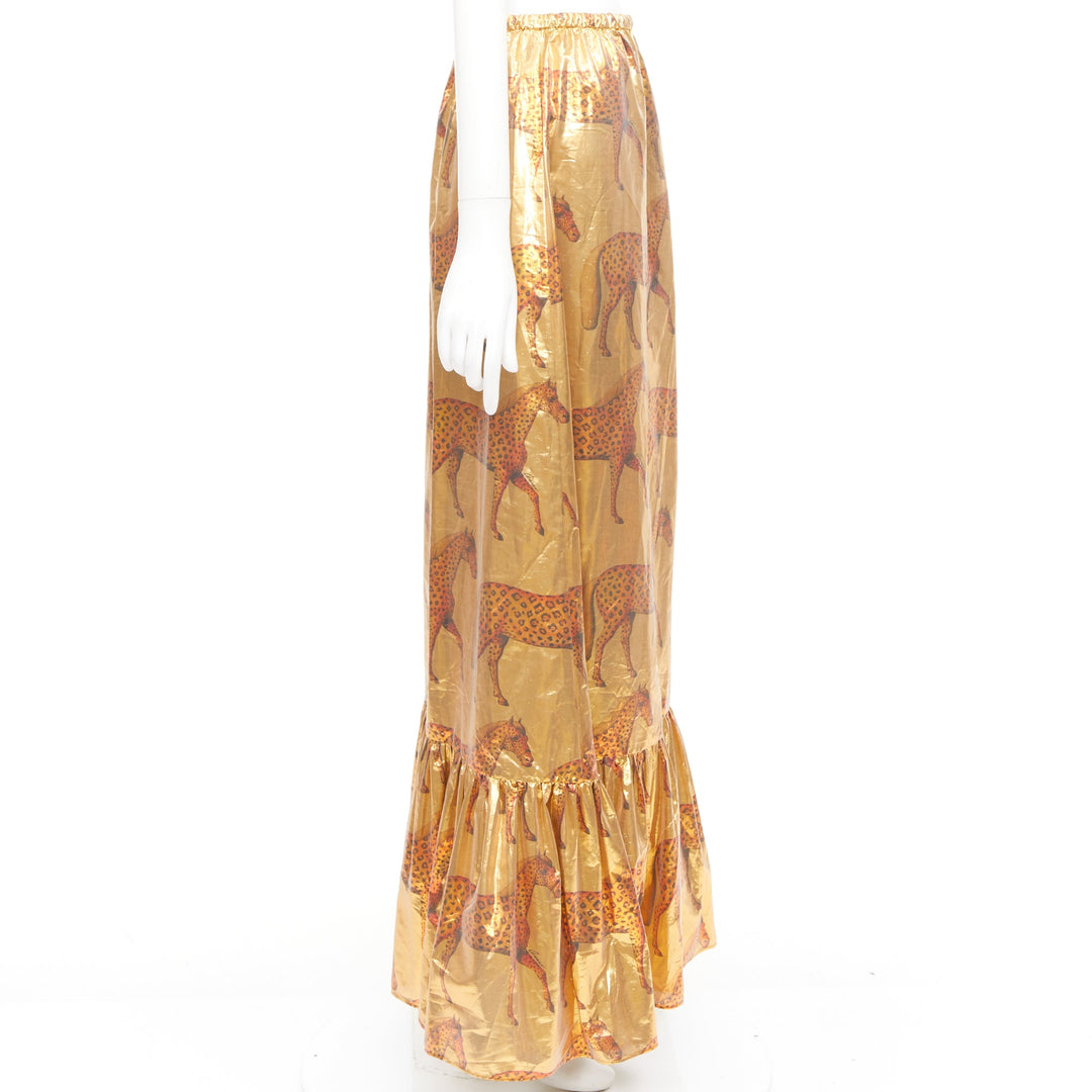 GUCCI 2016 horse metallic gold lurex cheetah animal ruffle maxi skirt IT38 XS
