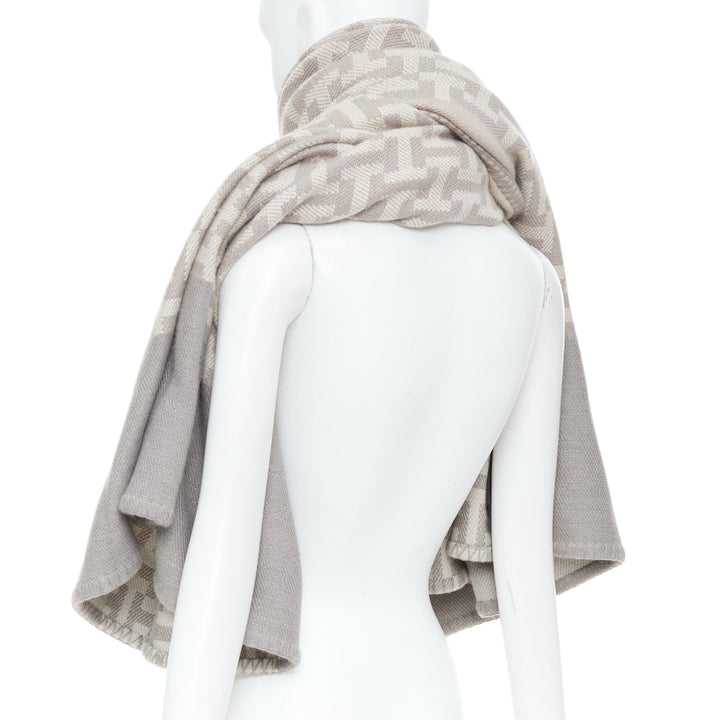 HERMES Avalon Nepal grey intarsia monogram logo knit wool cashmere blanket scarf
