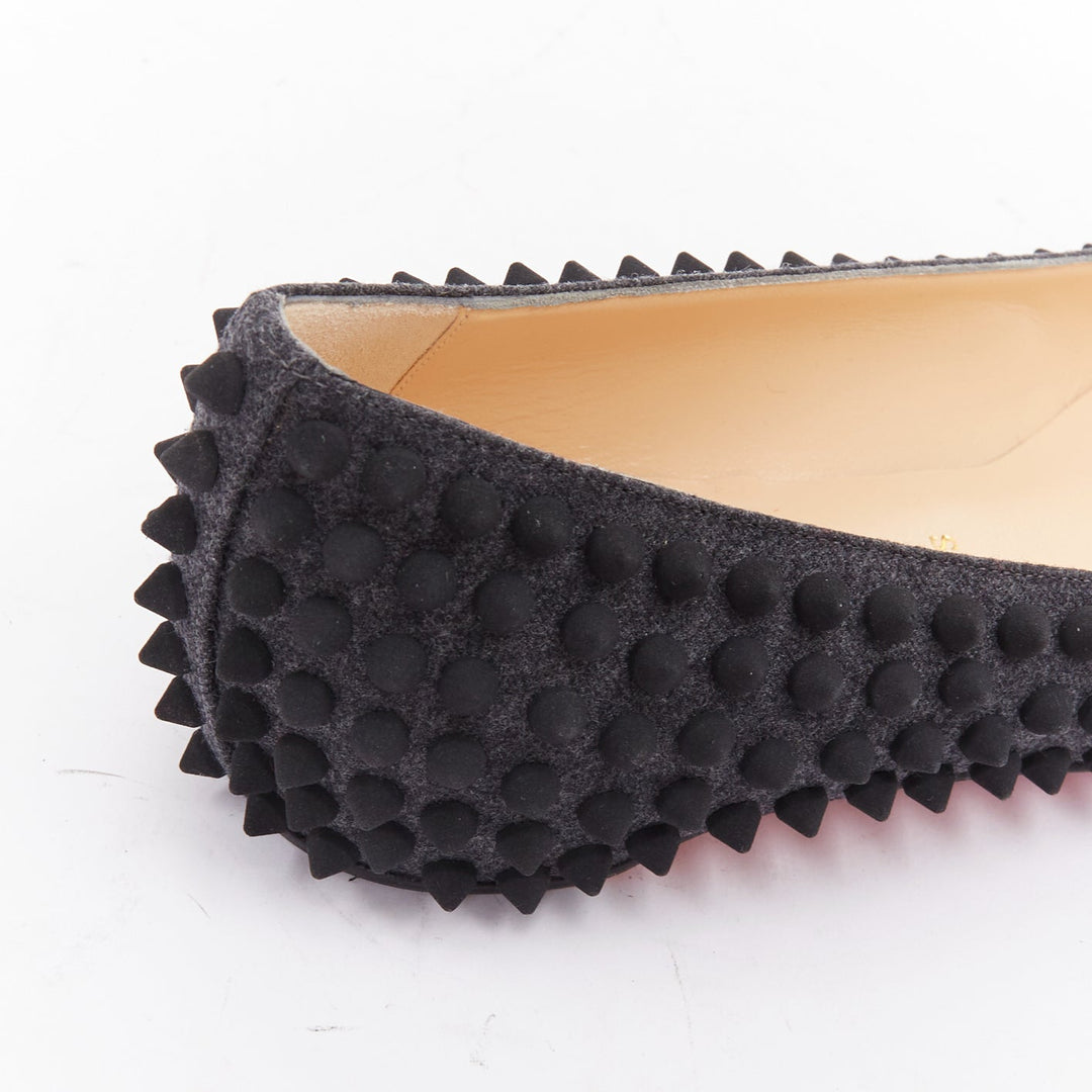 CHRISTIAN LOUBOUTIN Pigalle Spikes Flat grey flannel studded ballerina EU37.5