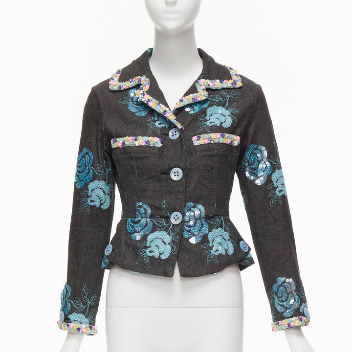 VOYAGE INVEST IN THE ORIGINAL LONDON blue colourful sequins grey peplum jacket S