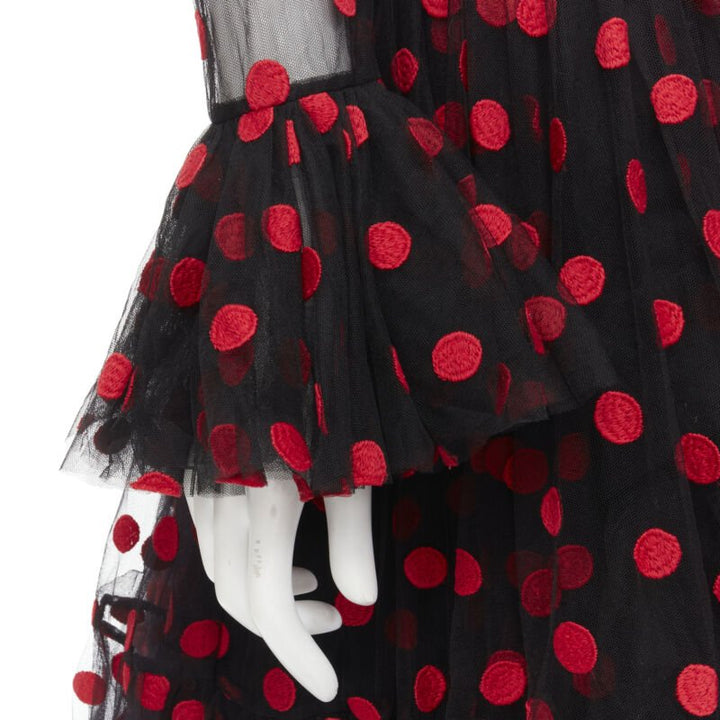 DOLCE GABBANA black red polka dot embroidered tulle flared dress IT40 S