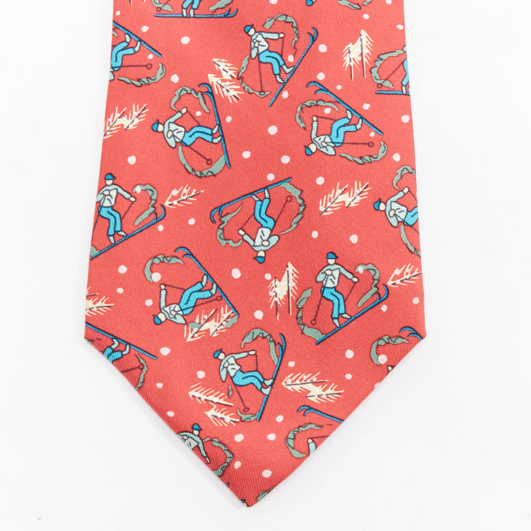 HERMES 7601 SA red blue blue skiier snow fall print silk tie