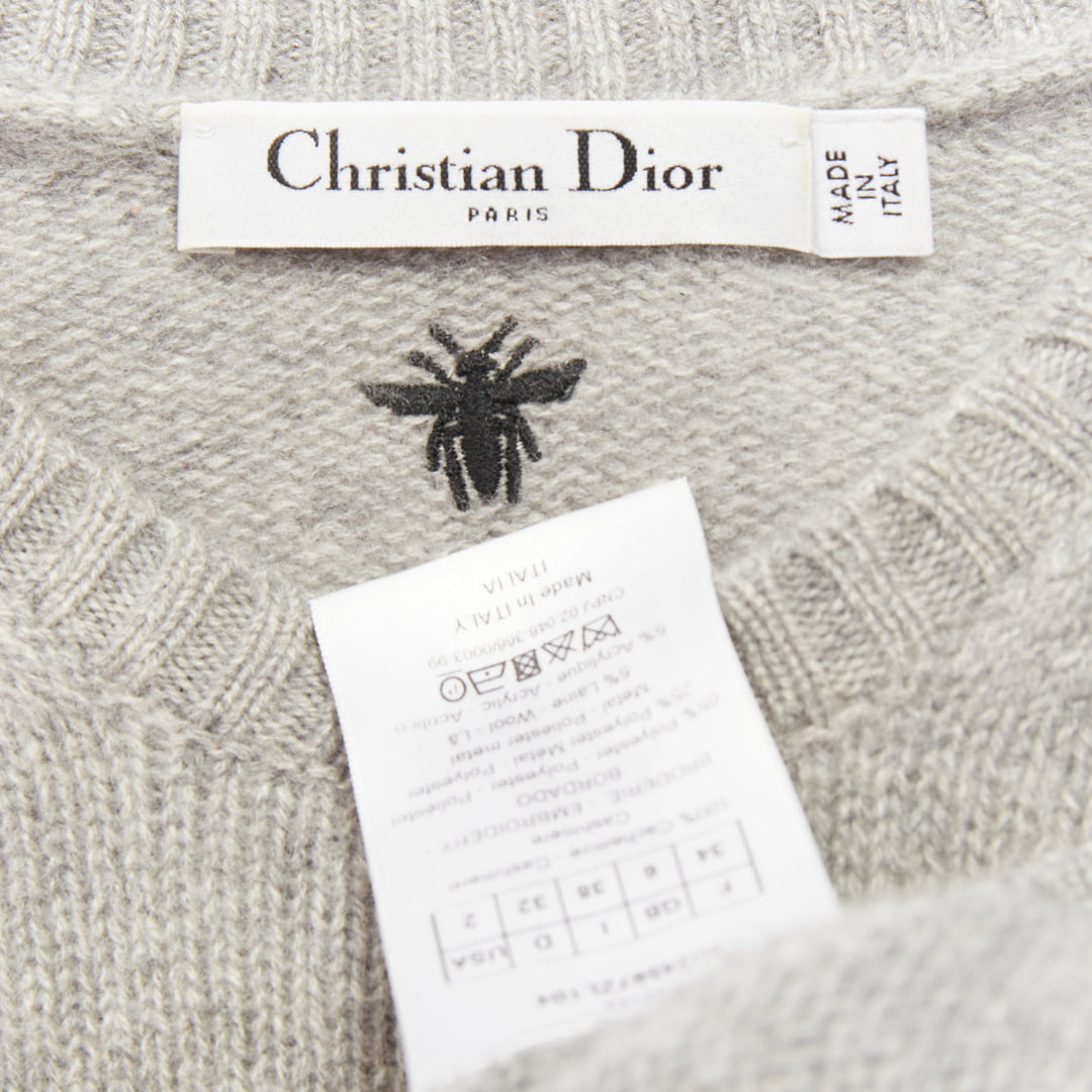 CHRISTIAN DIOR 100% cashmere 5 Swords grey yellow embroidered sweater  FR34 XS