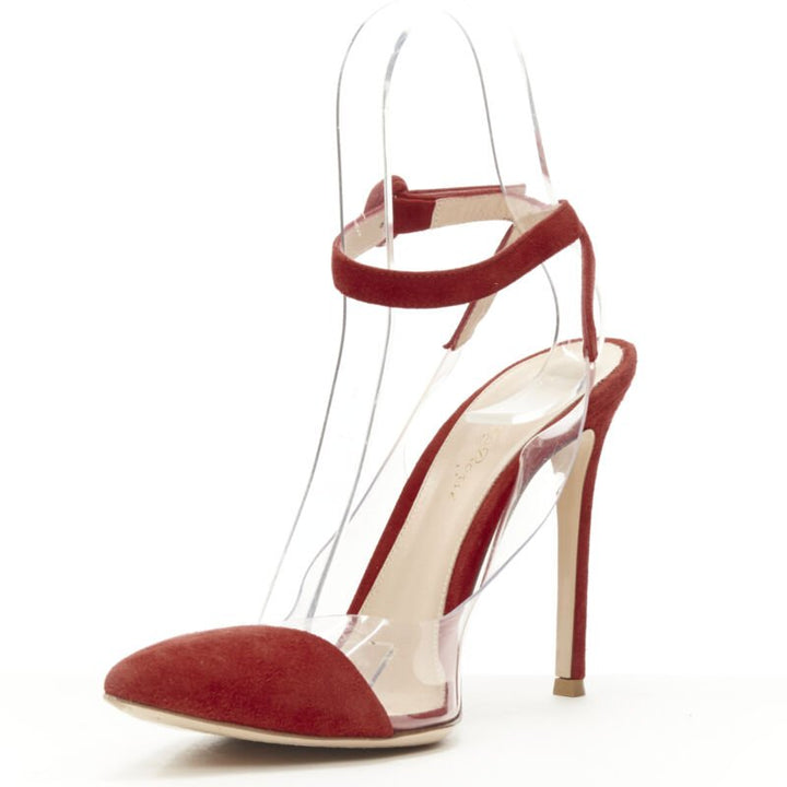 GIANVITO ROSSI Plexi red suede clear PVC ankle strap pump EU38.5