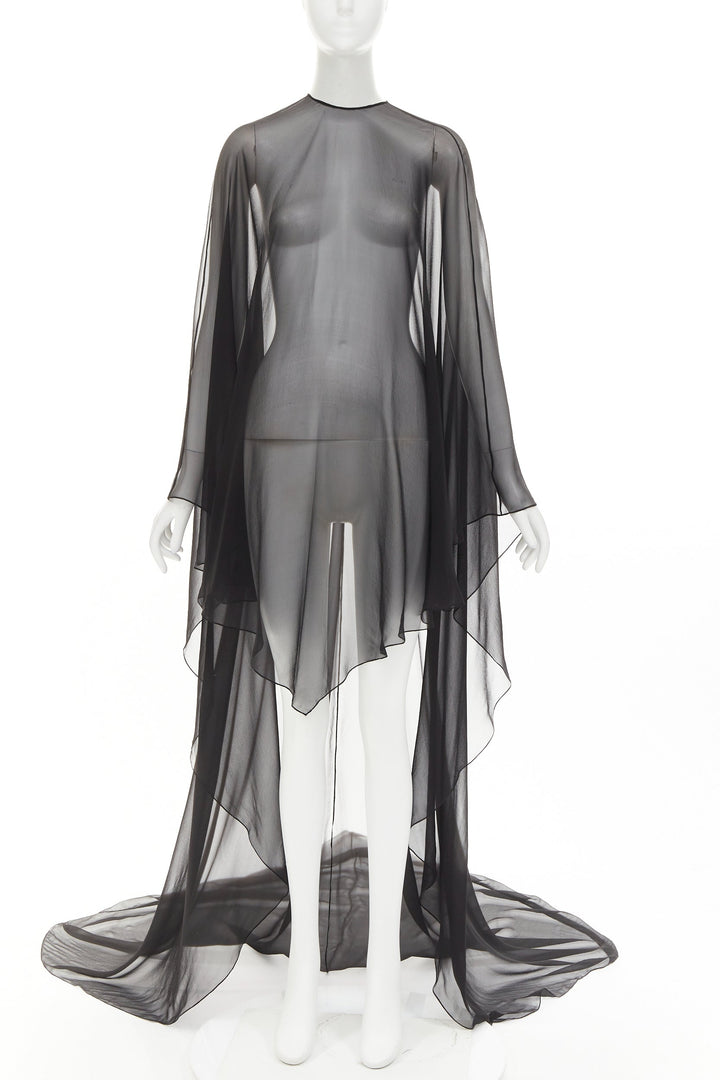ALEXANDRE VAUTHIER COUTURE black sheer flowey cape sleeve asymmetric cape kaftan