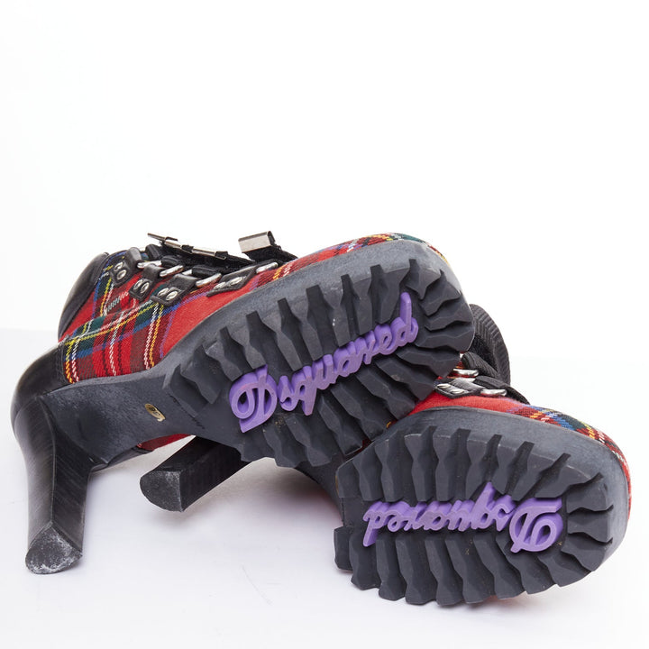 rare DSQUARED2 Vintage red tartan wool punk buckle ankle booties EU36