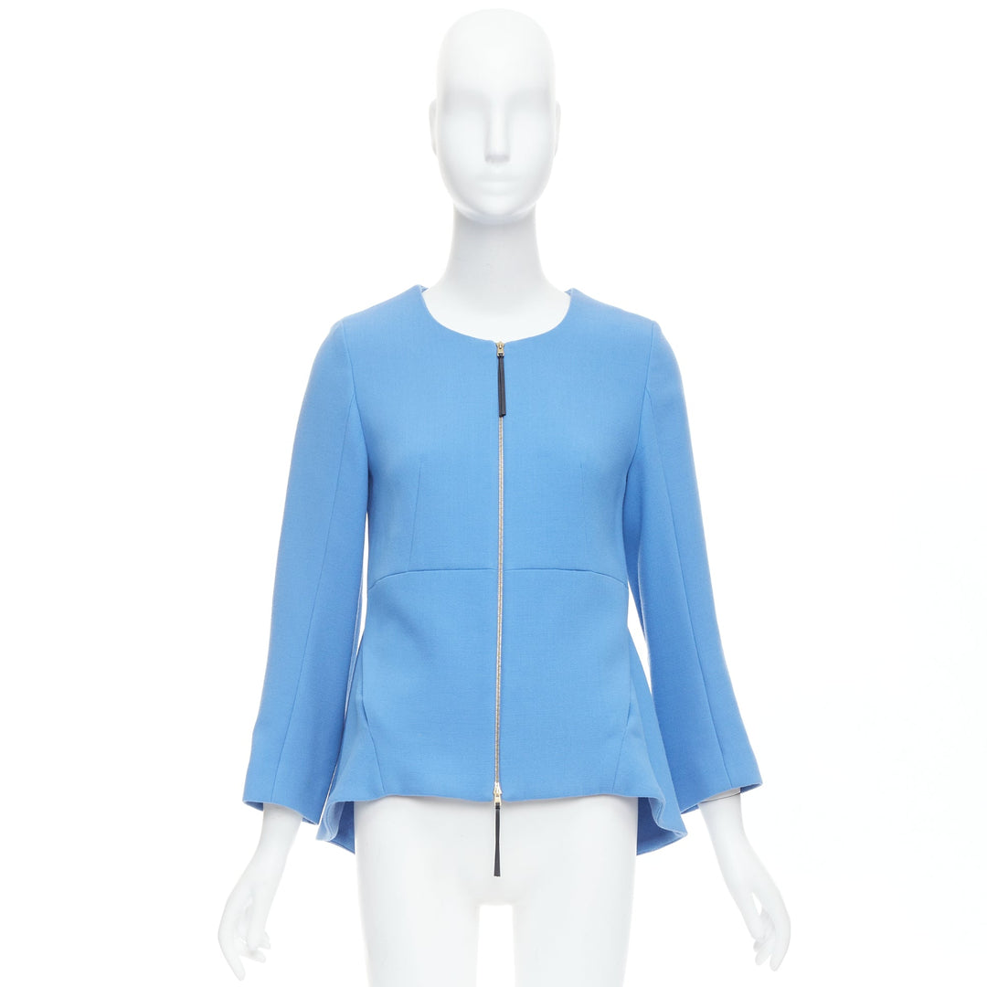 MARNI sky blue virgin wool zip front peplum crew neck coat IT40 S