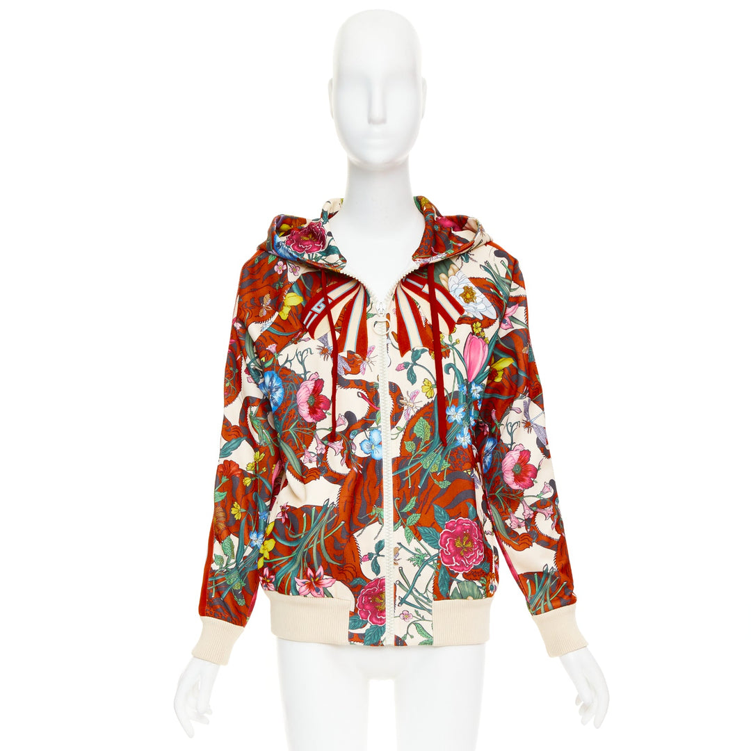 GUCCI 2018 Michele Bloom Nature Print red bow embroidery zip hoodie S