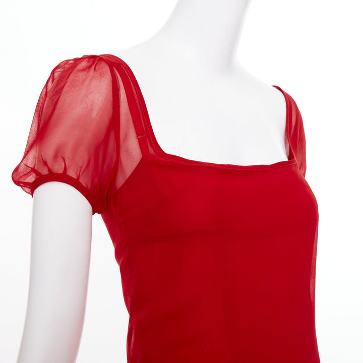 JILL STUART red sheer silk embroidered puff sleeve square neck mini dress US2 S