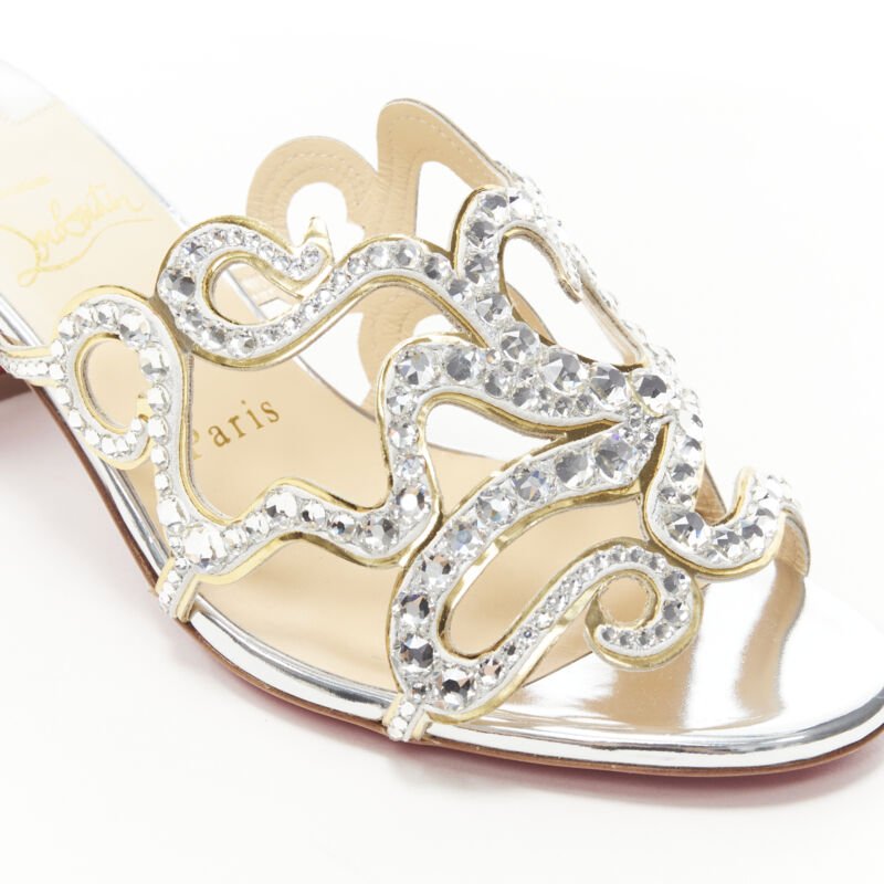 CHRISTIAN LOUBOUTIN Octostrass silver crystal strappy mid heel mule EU36