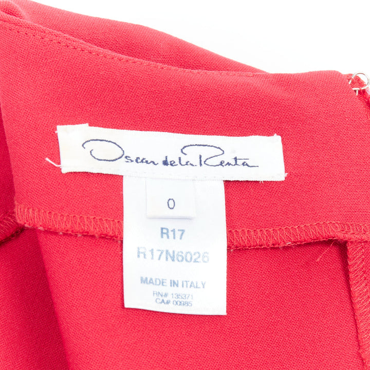 OSCAR DE LA RENTA R17 red virgin wool blend slit neck pleated belted dress US0 XS