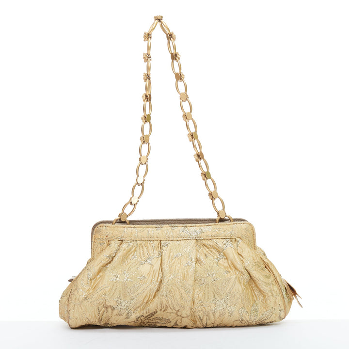 DOLCE GABBANA gold metallic floral jacquard rosette chain shoulder bag