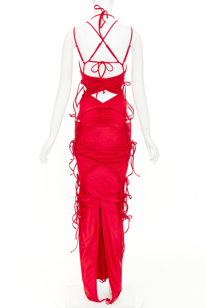 BALENCIAGA Demna 2023 Runway red patched bikini ribbon tie maxi dress FR34