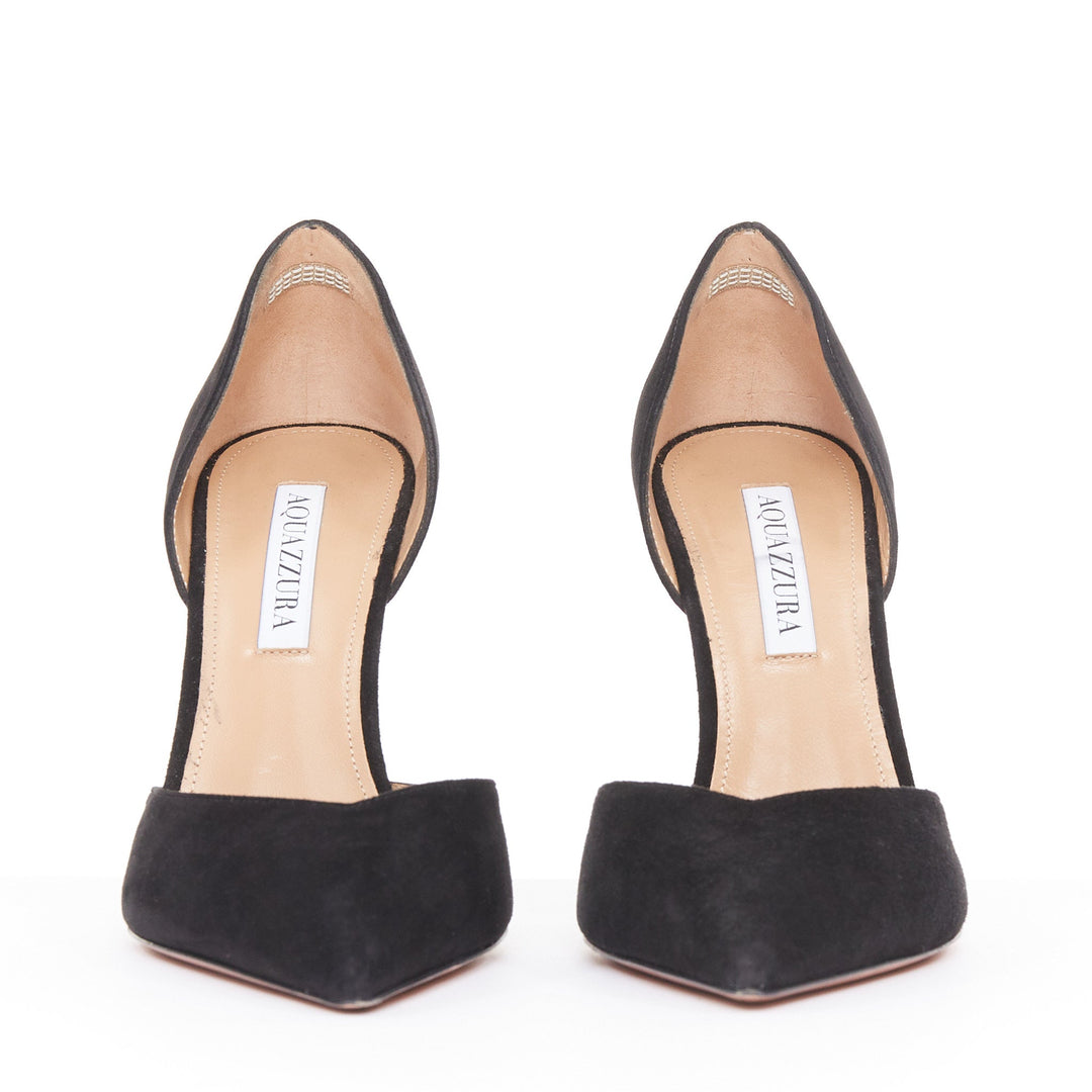 AQUAZZURA Uptown 105 black suede leather point toe dorsay pumps EU38