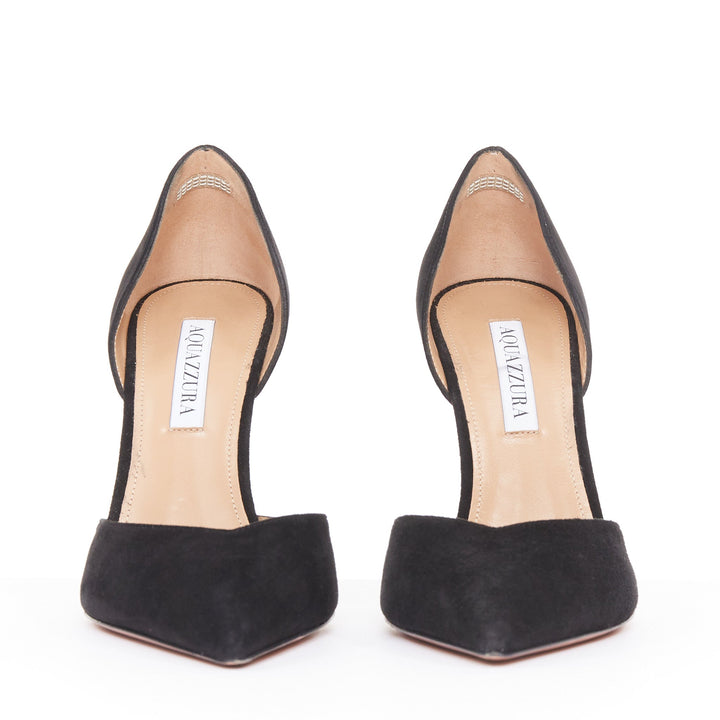 AQUAZZURA Uptown 105 black suede leather point toe dorsay pumps EU38