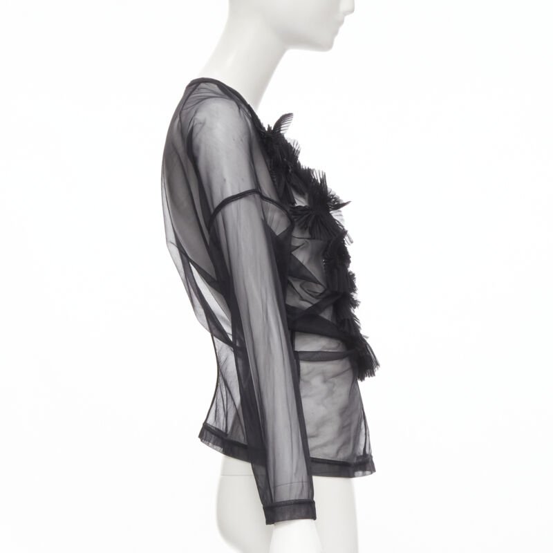 vintage COMME DES GARCONS 1990 black pleated fan ruffle sheer top S