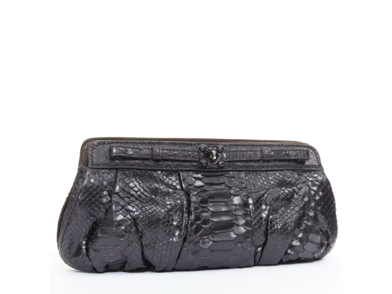 ZAGLIANI glossy black scaled leather framed turnlock evening clutch bag